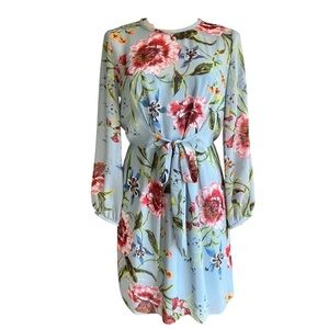 RACHEL Rachel Roy Mini Dress Sz 4 Blue Long Sleeve Tie Front Floral Chiffon Chic